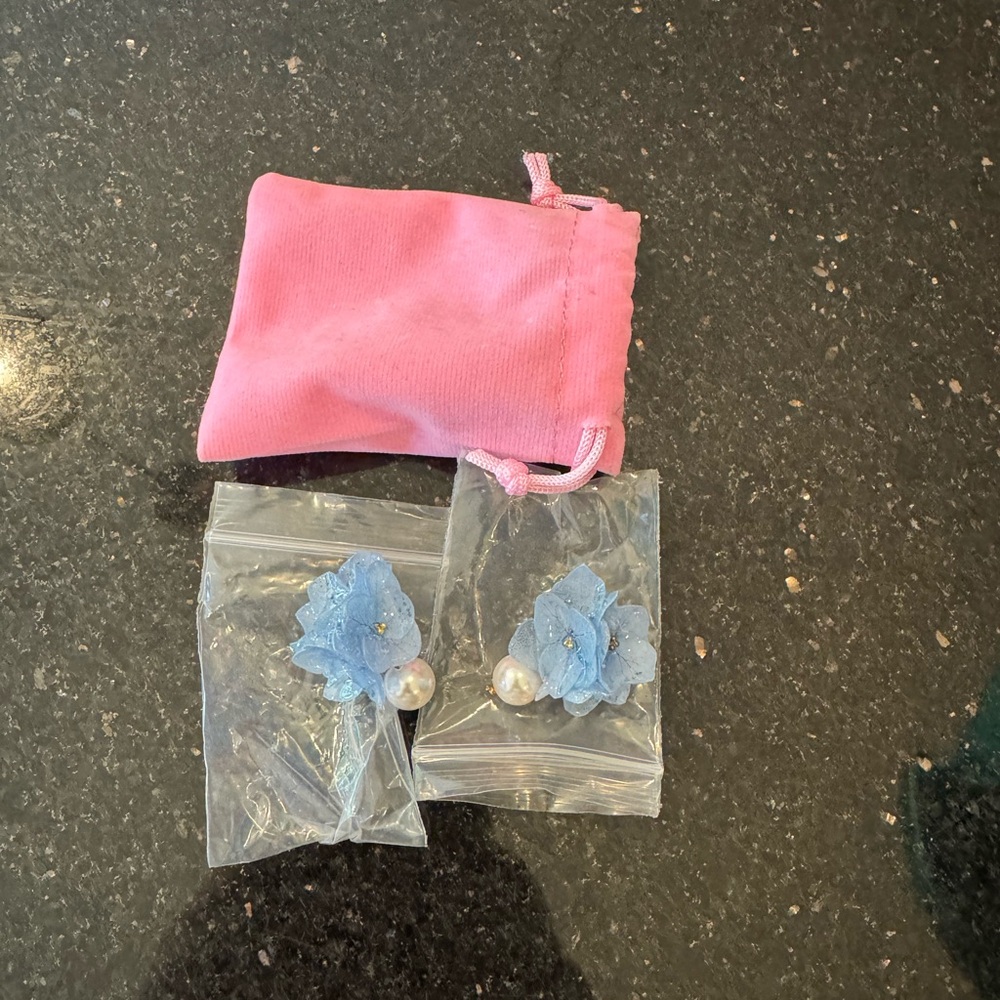 Blue Floral Kids Earrings with Pink Pouch